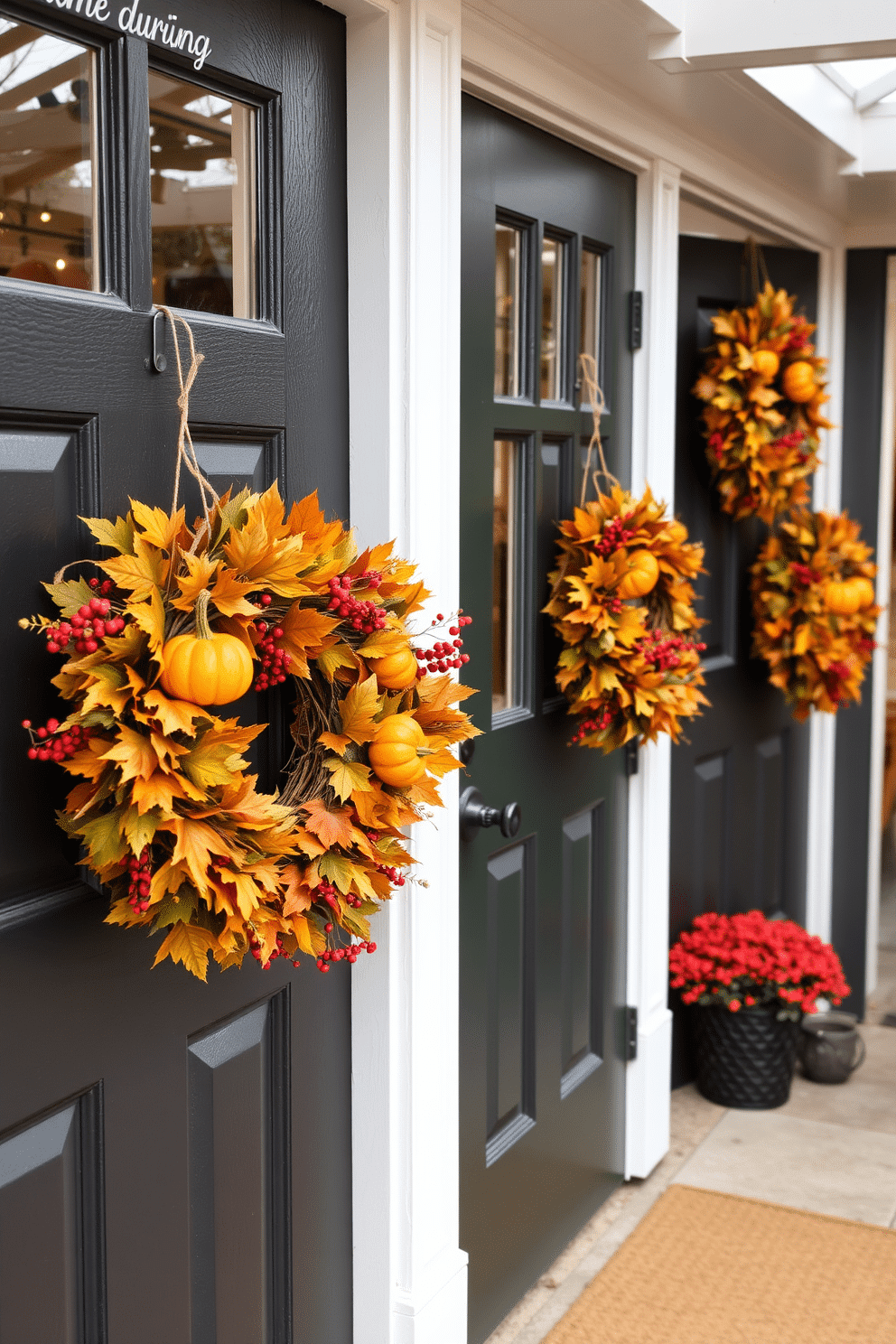 A charming nursery adorned for Thanksgiving with seasonal wreaths hanging on the doors. Each wreath is crafted from autumn leaves, small pumpkins, and vibrant berries to create a warm and inviting atmosphere.