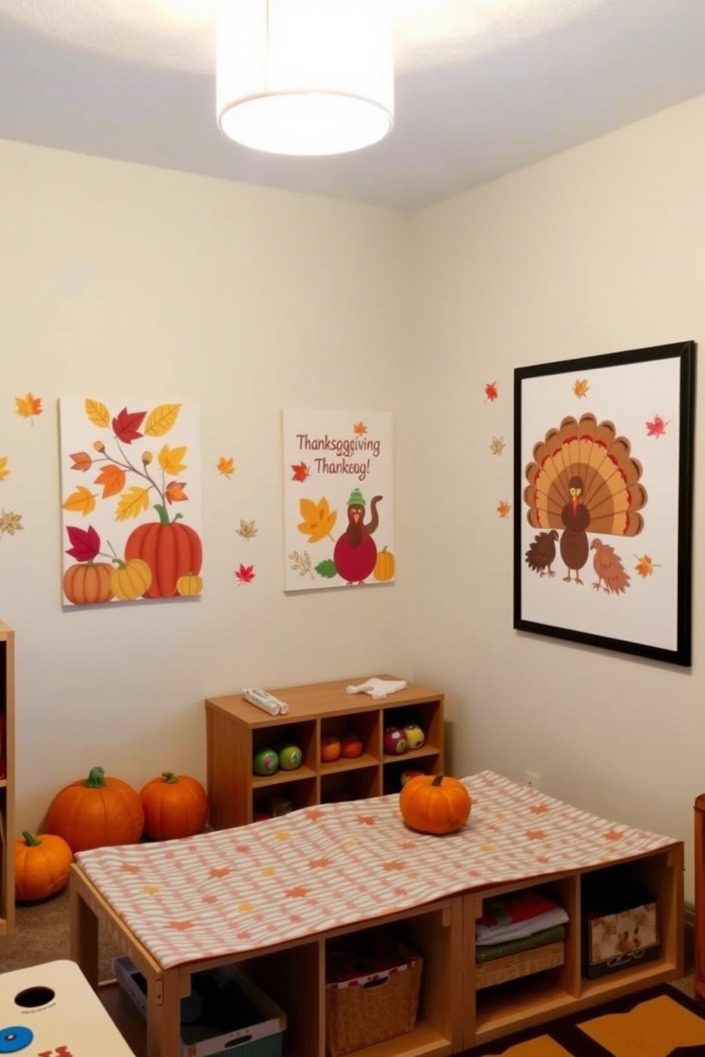 A cozy playroom decorated for Thanksgiving features wall art that celebrates the season. The walls are adorned with vibrant prints of autumn leaves, pumpkins, and whimsical turkeys, creating a festive atmosphere for children to enjoy.