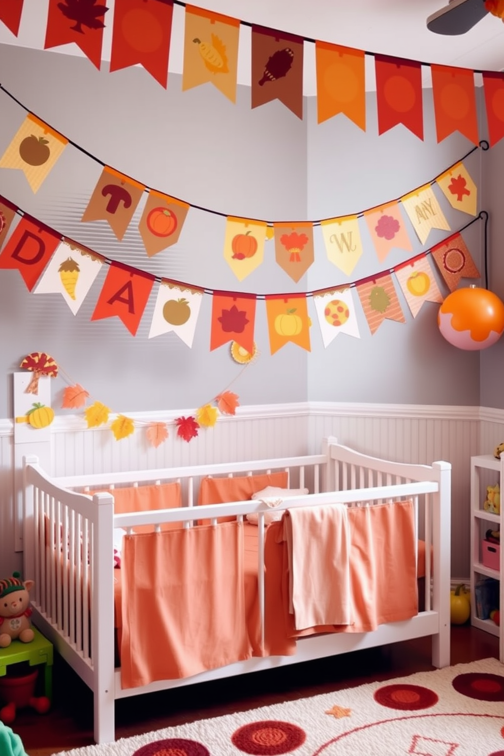 Create a vibrant playroom decorated for Thanksgiving featuring colorful banners adorned with autumn motifs. The walls are painted in warm tones, and the floor is covered with a soft, playful rug that enhances the festive atmosphere.