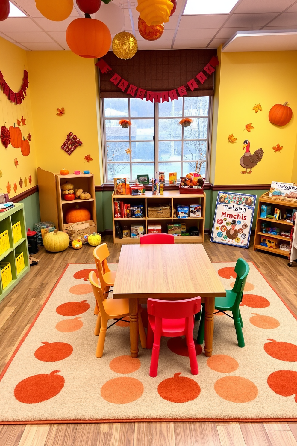 A vibrant playroom designed for Thanksgiving celebrations. The walls are adorned with colorful autumn-themed decorations, featuring pumpkins and turkeys, while a large area rug in warm tones provides a cozy space for interactive games. A wooden table in the center is set up for crafting activities, surrounded by comfortable chairs in bright colors. In one corner, a playful display of Thanksgiving-themed board games invites children to engage and have fun together.