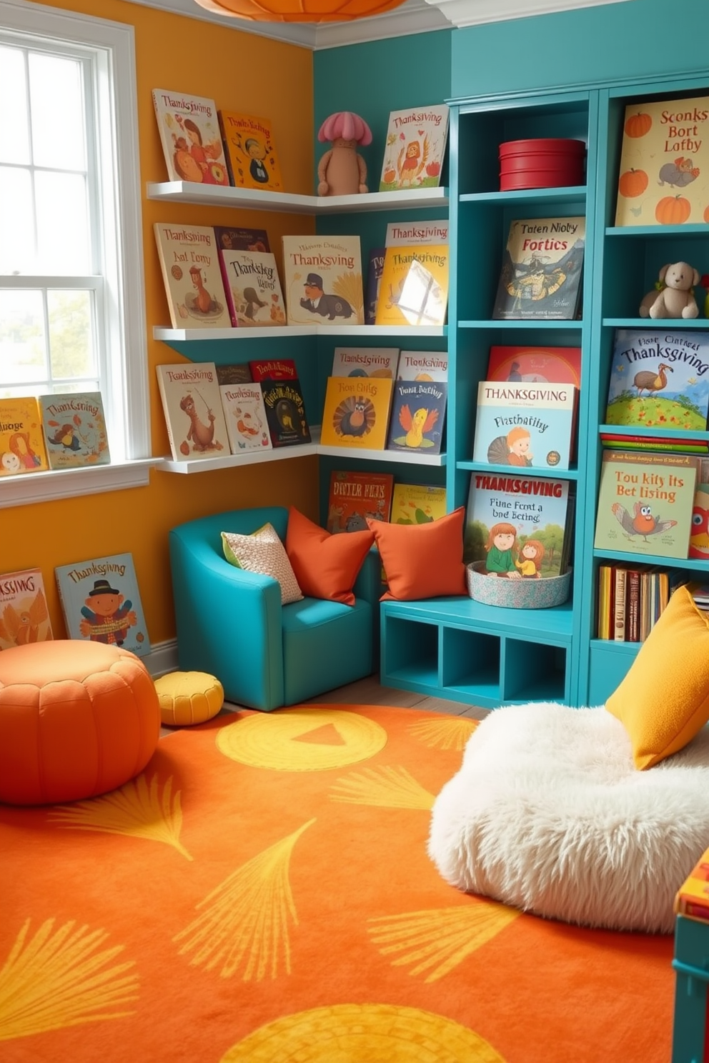 A cozy playroom filled with vibrant colors and playful designs. Shelves are lined with seasonal storybooks celebrating Thanksgiving, featuring warm autumn hues and whimsical illustrations. A large, soft rug in shades of orange and yellow creates a welcoming space for children. Plush seating areas are scattered throughout, inviting kids to sit and enjoy their favorite stories.