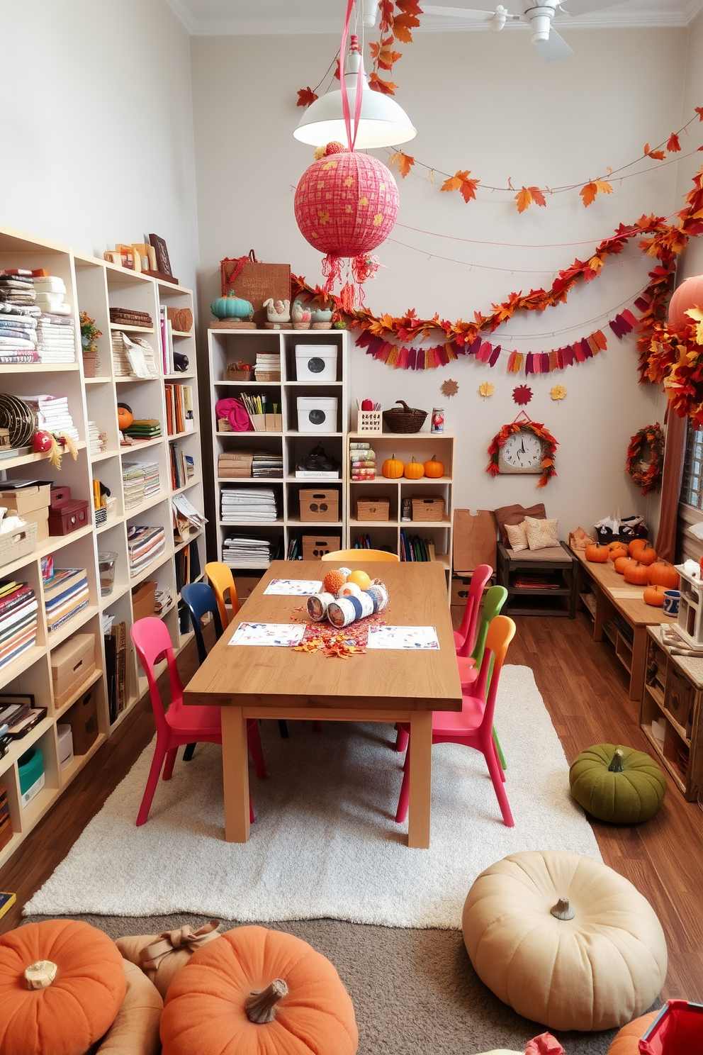 A cozy crafting corner designed for homemade decorations features a large wooden table surrounded by colorful chairs. Shelves filled with art supplies, fabrics, and seasonal decor items line the walls, creating an inspiring atmosphere. A festive Thanksgiving playroom is adorned with autumn-themed decorations, including pumpkins and garlands of leaves. Soft seating and a play area invite children to engage in creative activities while celebrating the season.