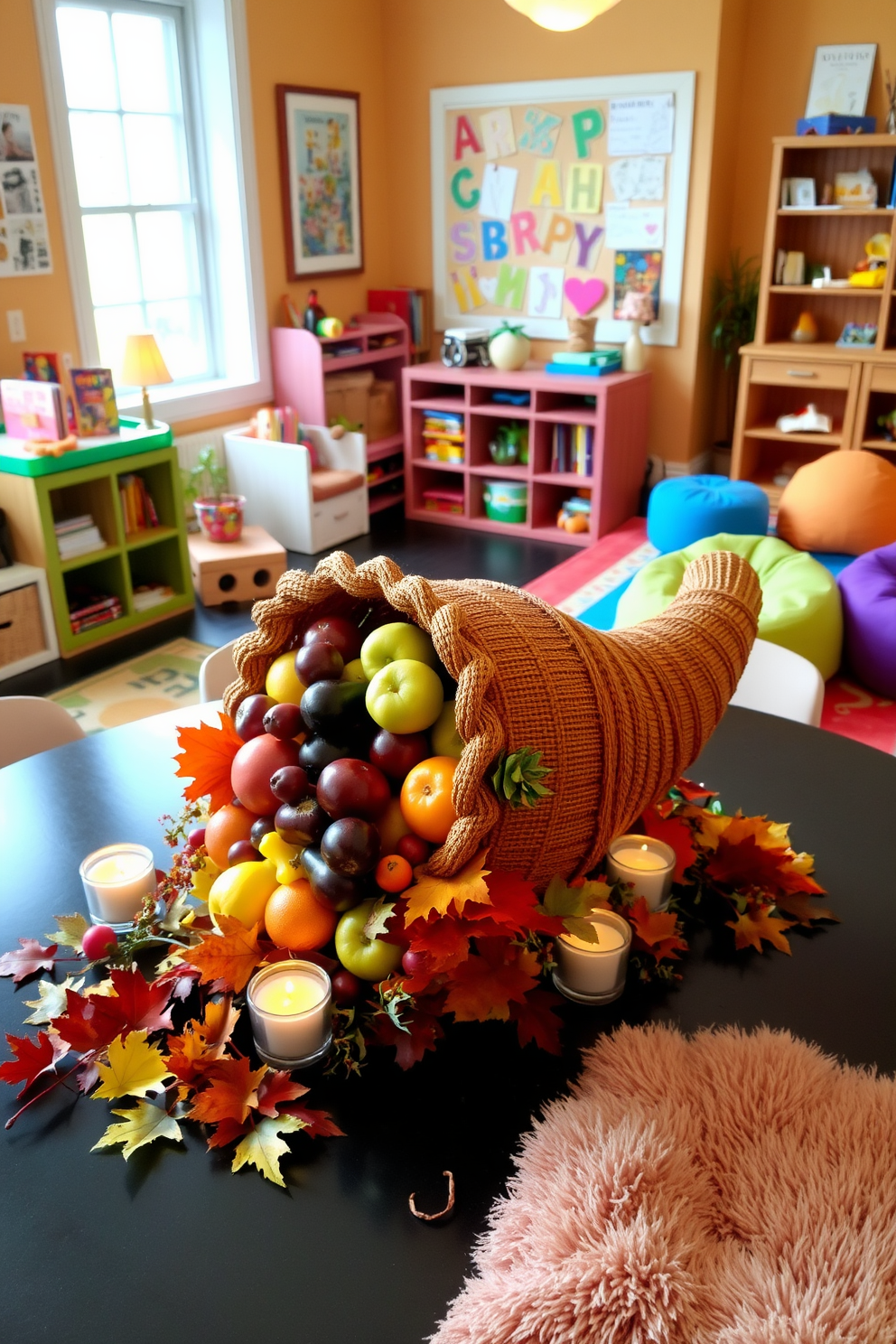 A vibrant tabletop cornucopia centerpiece filled with an assortment of colorful fruits and vegetables. The centerpiece is surrounded by small candles and autumn leaves to enhance the festive atmosphere. A playful and inviting playroom decorated with bright colors and soft furnishings. The space features a variety of activity zones including a reading nook, art station, and a cozy play area with plush rugs and bean bags.