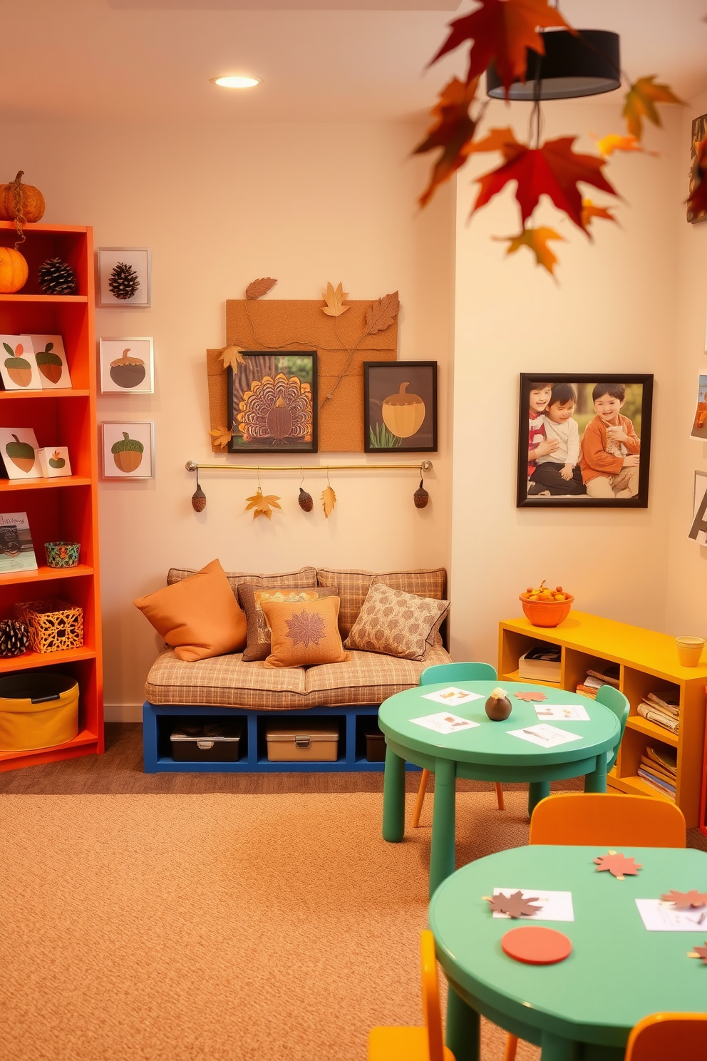 Create a playful and inviting Thanksgiving-themed playroom. Incorporate pinecone and acorn art projects displayed on colorful shelves, with a cozy reading nook featuring soft cushions and warm lighting. Use a rich autumn color palette with oranges, browns, and yellows throughout the room. Add fun decorations like hanging paper leaves and a festive table for crafting activities.