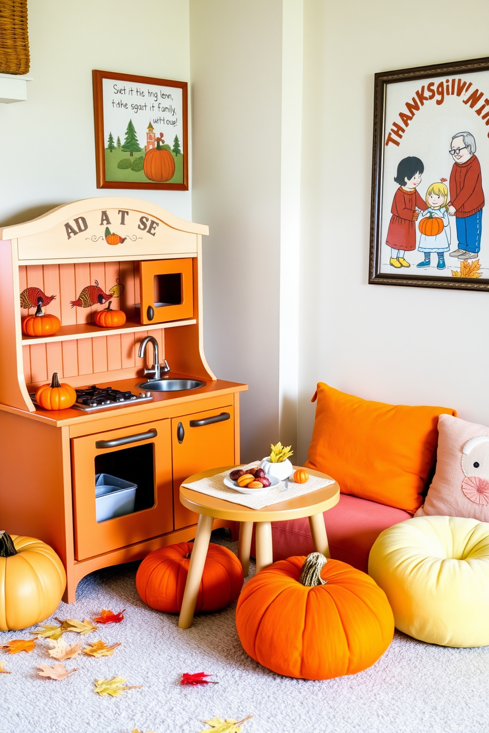 A cozy Thanksgiving themed play kitchen setup featuring a wooden play kitchen painted in warm autumn colors. The kitchen is adorned with miniature pumpkins, cornucopias, and a small table set with pretend food for a festive meal. A cheerful Thanksgiving playroom decorated with soft orange and yellow accents. Plush cushions shaped like leaves and pumpkins are scattered around, while wall art showcases autumn scenes and family gatherings.