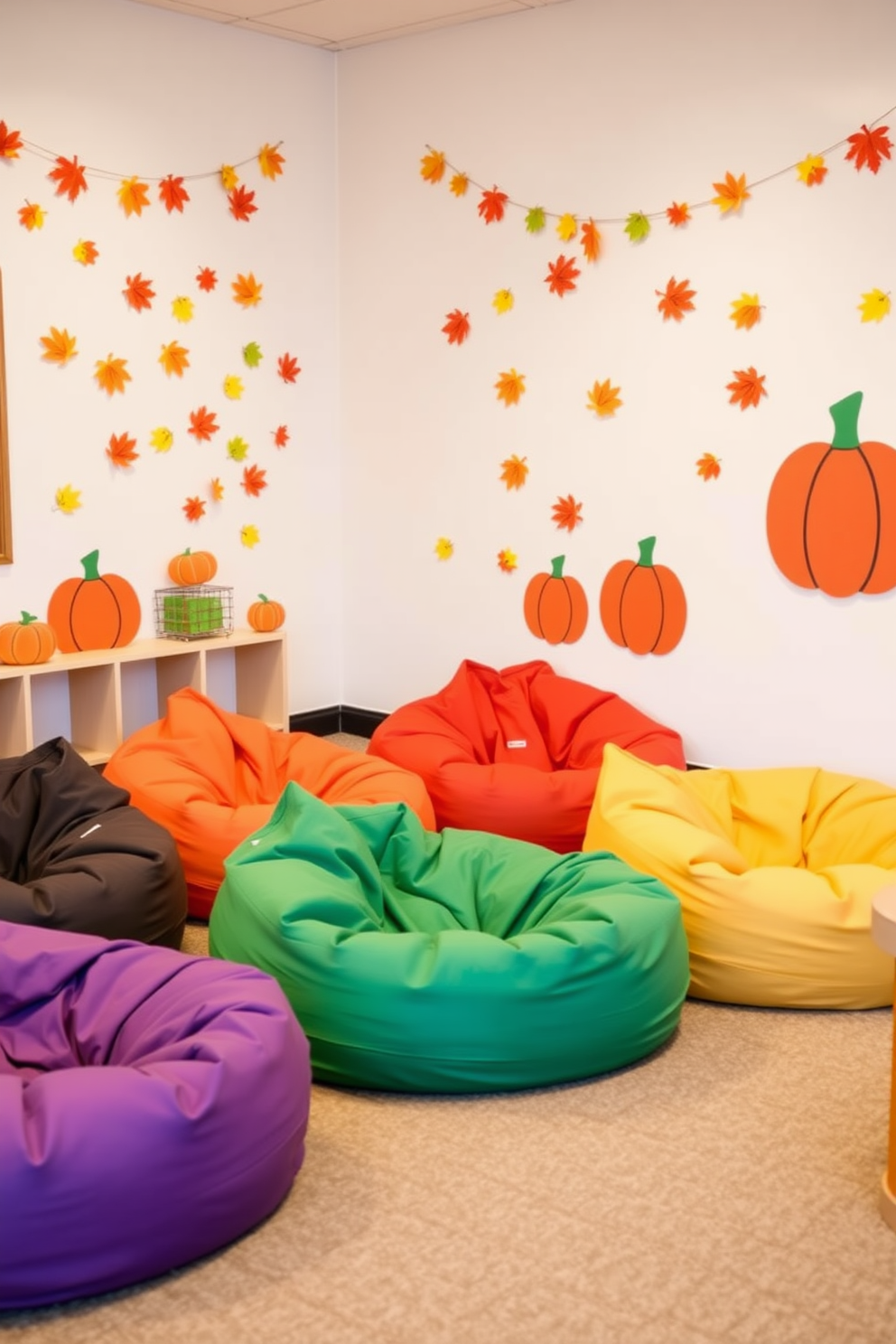 Autumn colored bean bags arranged for cozy seating in a festive Thanksgiving playroom. The walls are adorned with playful decorations featuring fall leaves and pumpkins, creating a warm and inviting atmosphere.