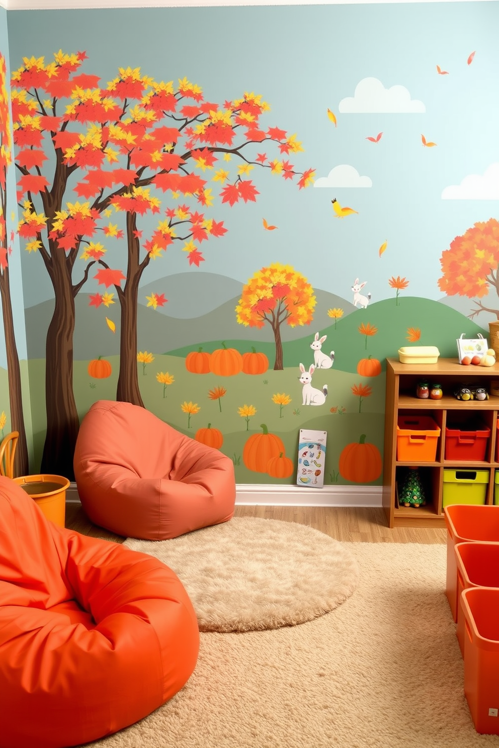 Create a playful and inviting playroom filled with wall decals featuring vibrant fall landscapes. The decals depict colorful trees with orange and yellow leaves, pumpkins, and cheerful animals enjoying the autumn scenery. Incorporate cozy seating options like bean bags and a soft rug to enhance the space. Add storage bins in warm colors to keep toys organized while complementing the fall theme.