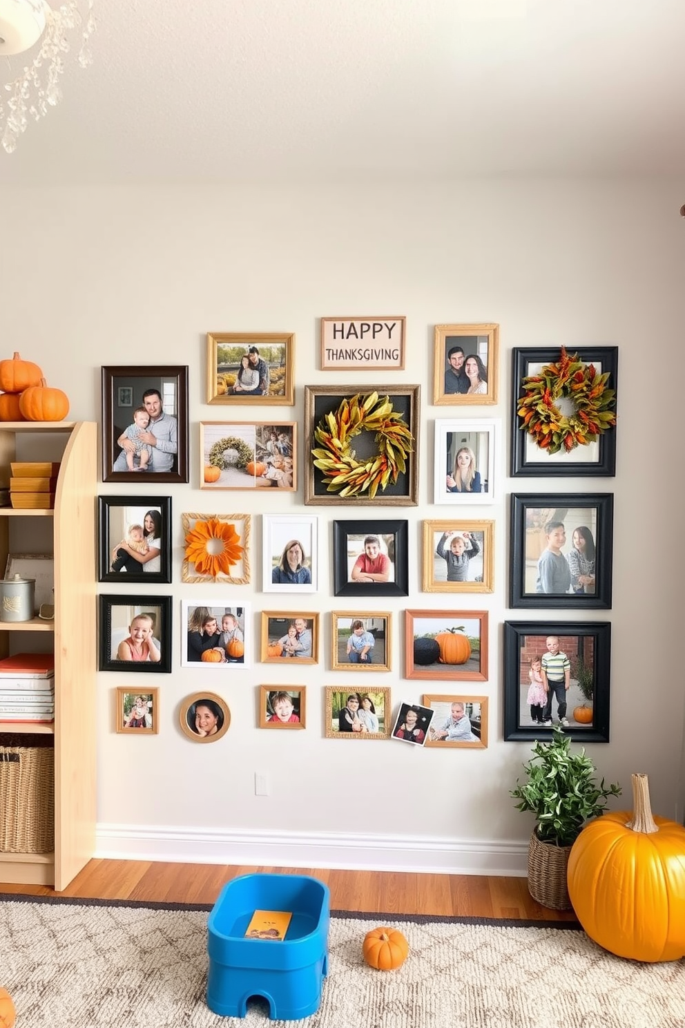 A cozy playroom featuring a family photo wall adorned with autumn-themed frames that celebrate Thanksgiving. The wall showcases a mix of candid family moments and seasonal decorations, creating a warm and inviting atmosphere.