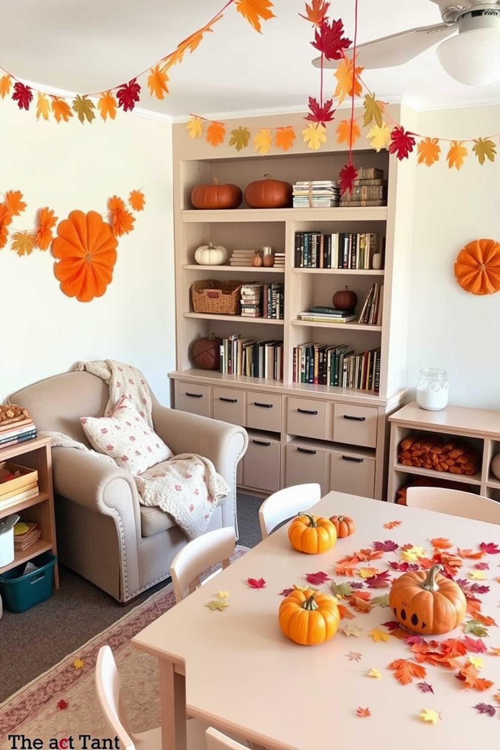 Cozy reading nook with autumn pillows. A plush armchair is nestled in the corner, draped with soft blankets and surrounded by shelves filled with books. Thanksgiving playroom decorating ideas. Colorful decorations hang from the ceiling, and a large table is set up for crafts with pumpkins and autumn leaves scattered across the surface.