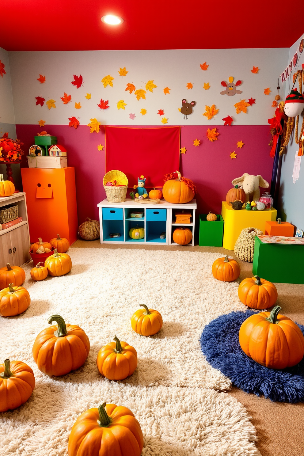 A cozy playroom filled with vibrant colors and playful decor. Gourds and pumpkins are scattered around, adding a festive touch to the Thanksgiving theme. Soft plush rugs cover the floor, providing a comfortable space for children to play. Colorful wall decals of autumn leaves and friendly animals enhance the cheerful atmosphere.