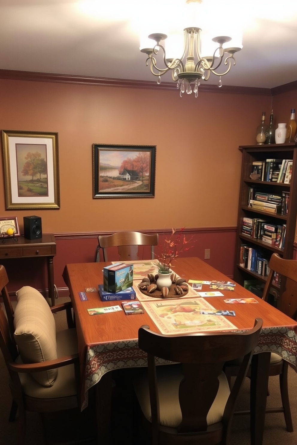 A cozy Thanksgiving puzzle and board game area designed for family gatherings. The space features a large wooden table surrounded by comfortable chairs, adorned with a festive tablecloth and seasonal decorations. The walls are painted in warm autumn tones, with artwork depicting fall scenes. Soft lighting from a chandelier above creates an inviting atmosphere, while a nearby shelf holds an assortment of board games and puzzles for all ages.