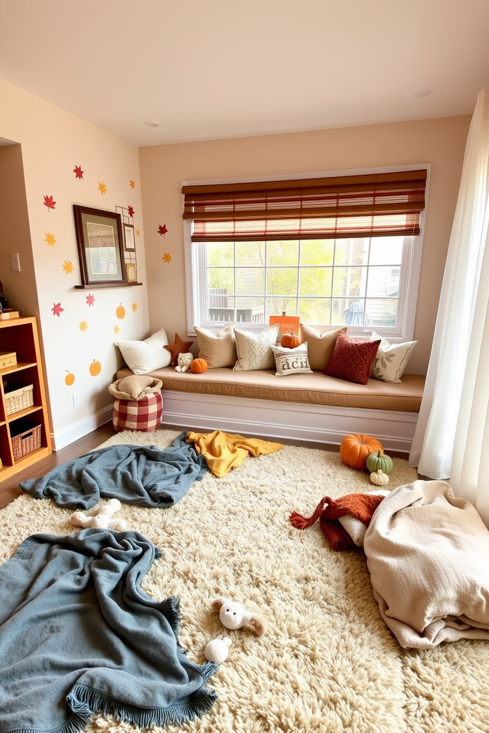 A warm and inviting playroom designed for cozy Thanksgiving gatherings. The space features soft blankets strewn across a plush area rug, creating a comfortable spot for children to play and relax. Colorful wall decals depicting autumn leaves and pumpkins add a festive touch. A large, cushioned window seat is filled with decorative pillows, perfect for reading stories or enjoying snacks.