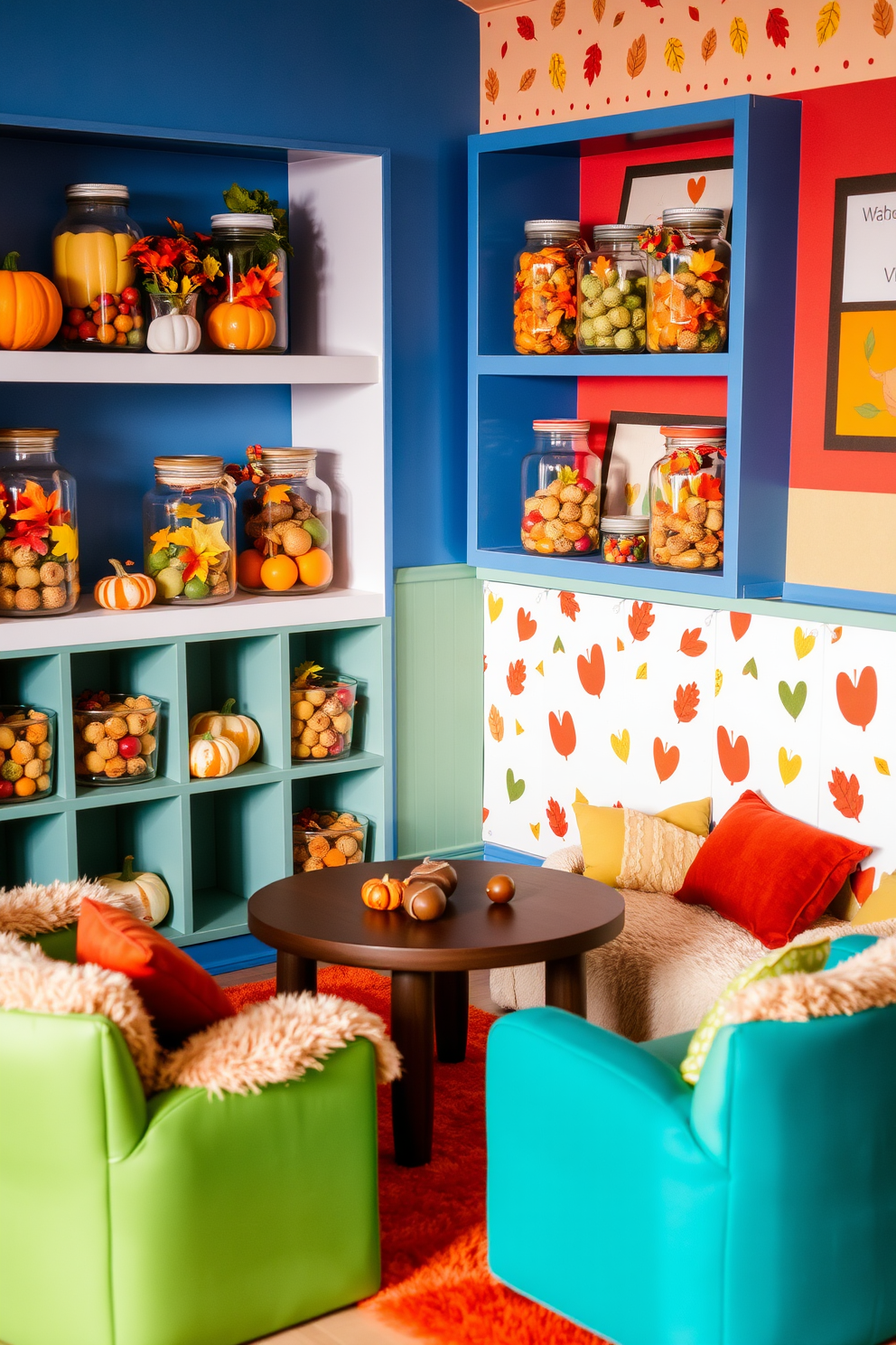 A playful playroom filled with vibrant colors and textures. Decorative jars are placed on shelves, each filled with seasonal items like mini pumpkins, colorful leaves, and acorns for a festive Thanksgiving touch. Soft, plush seating is arranged around a low table, inviting children to gather and play. The walls are adorned with cheerful artwork and playful patterns, creating an engaging and warm atmosphere.