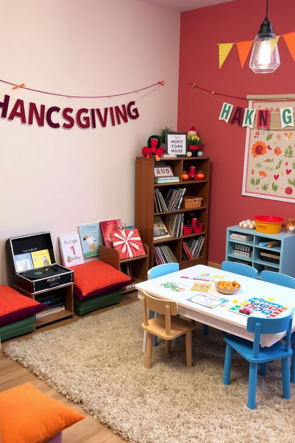 A cozy Thanksgiving music corner designed for sing-alongs features a plush area rug and comfortable seating with colorful cushions. A small bookshelf filled with festive music books and a vintage record player sit in the corner, creating a warm and inviting atmosphere. The Thanksgiving playroom is adorned with playful decorations that celebrate the holiday spirit. Brightly colored banners and handcrafted crafts hang on the walls, while a large table is set for creative activities with art supplies and themed games.