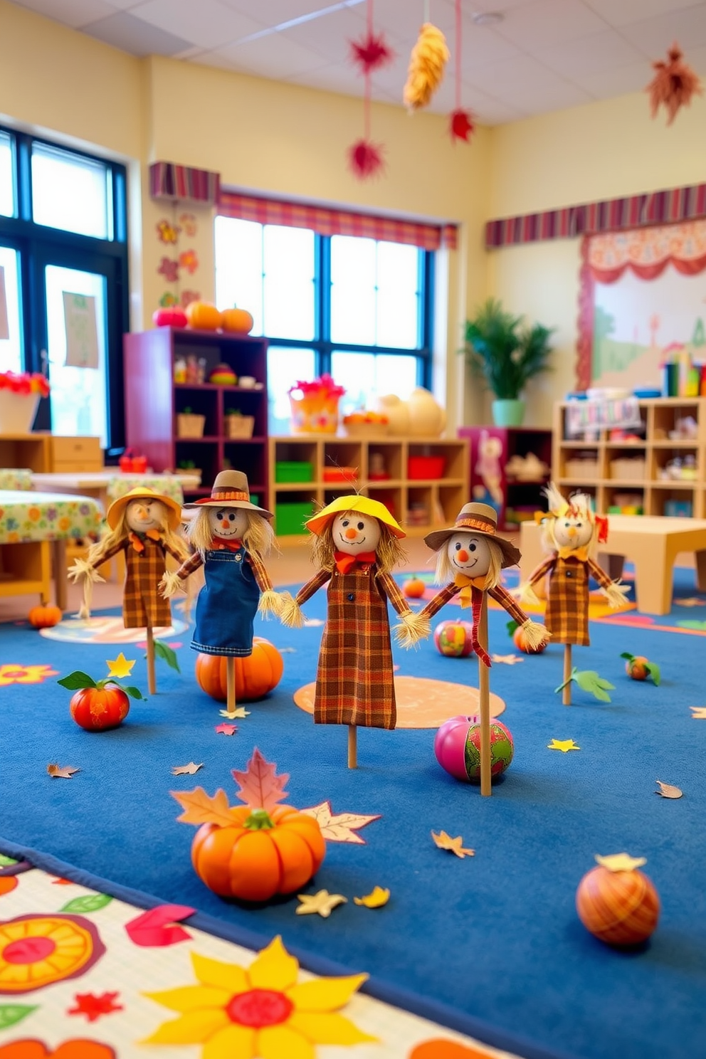 Miniature scarecrows are scattered throughout the playroom, adding a whimsical touch to the Thanksgiving decor. Brightly colored fabrics and cheerful patterns create a festive atmosphere, inviting children to engage in holiday-themed activities.