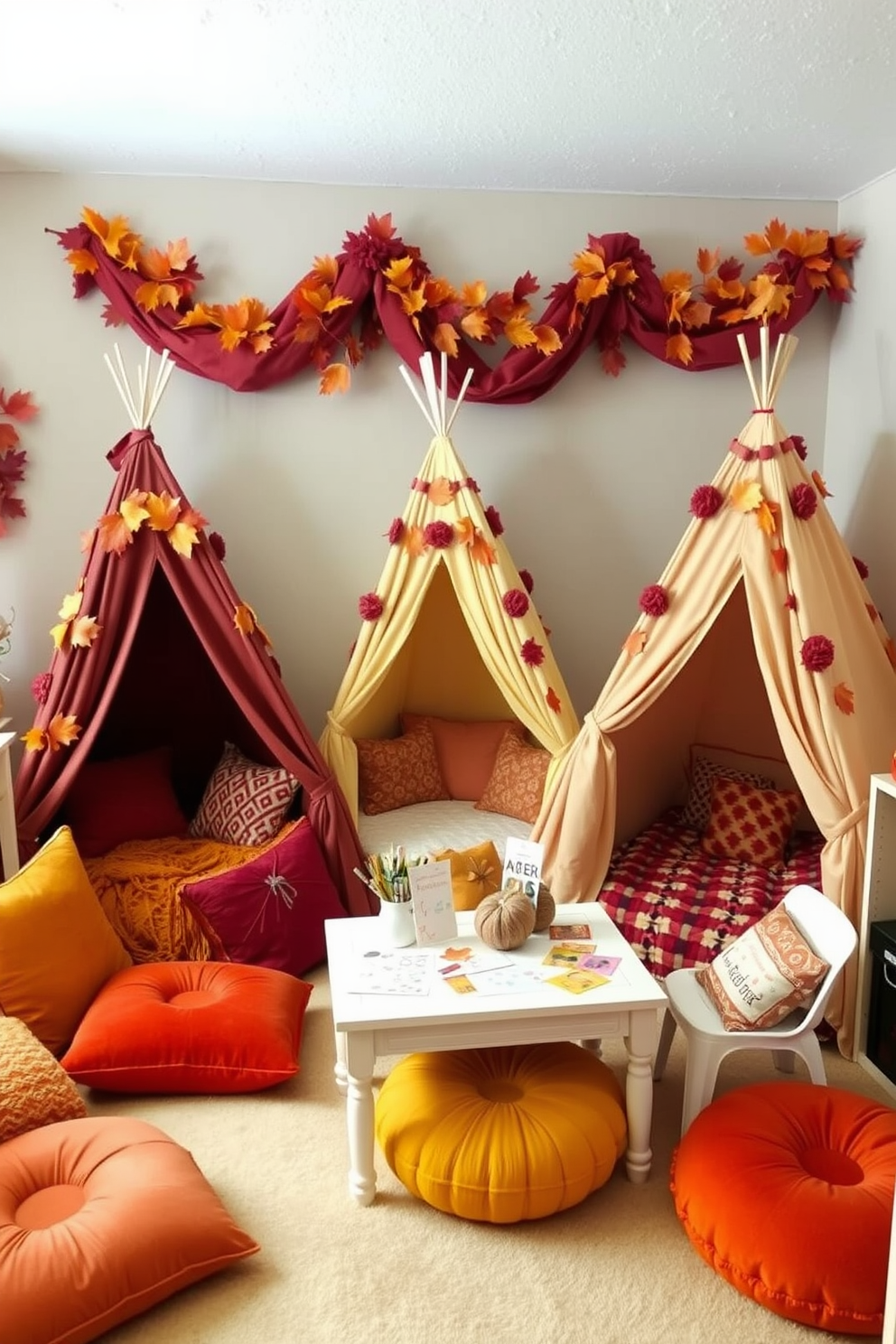 A cozy playroom decorated for Thanksgiving features fall-themed play tents in warm earthy tones. Each tent is adorned with autumn leaves and soft textures, creating a welcoming space for imaginative play. The room is filled with plush cushions and blankets in shades of orange, burgundy, and mustard yellow. A small table is set up nearby with craft supplies for creating Thanksgiving decorations and cards.