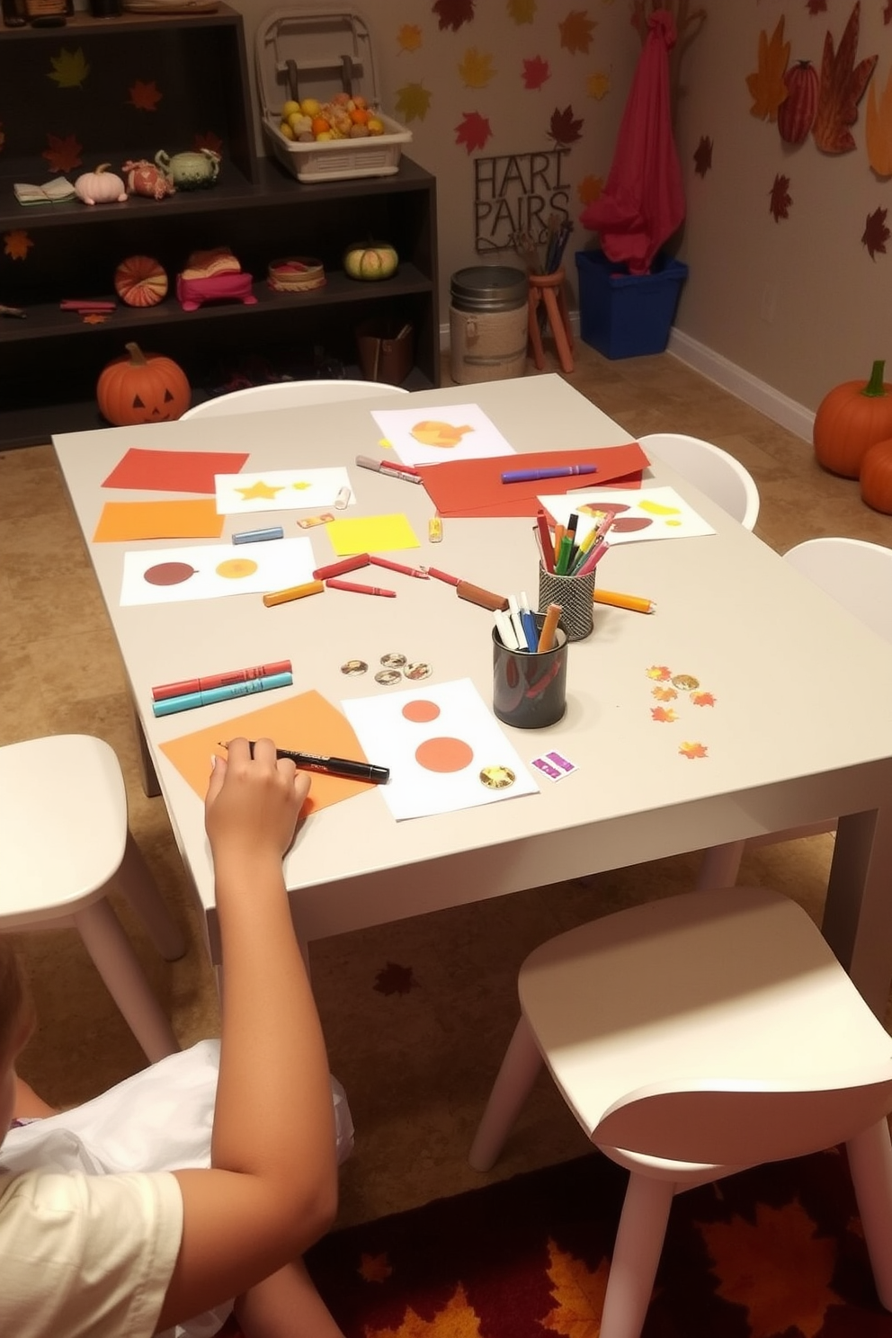 A cozy Thanksgiving card crafting space. The table is adorned with colorful paper, markers, and decorative stickers for children to create their own unique designs. A playful and inviting Thanksgiving-themed playroom. The walls are decorated with autumn leaves and pumpkins, while the floor is covered with a soft rug featuring fall colors.