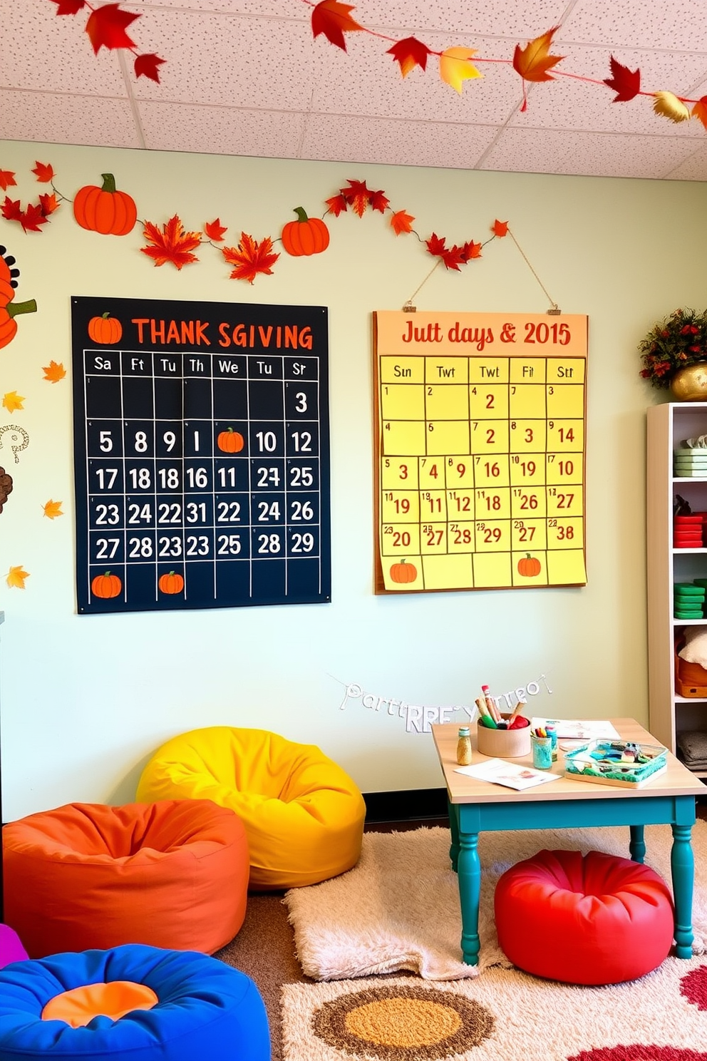 A vibrant playroom designed for Thanksgiving festivities. The walls are adorned with autumn-themed decorations, featuring pumpkins and leaves, while a large interactive calendar hangs prominently, counting down the days to Thanksgiving. Colorful bean bags and plush rugs create a cozy seating area, inviting children to gather and play. A craft table is set up with supplies for creating Thanksgiving-themed artwork, enhancing the festive atmosphere.