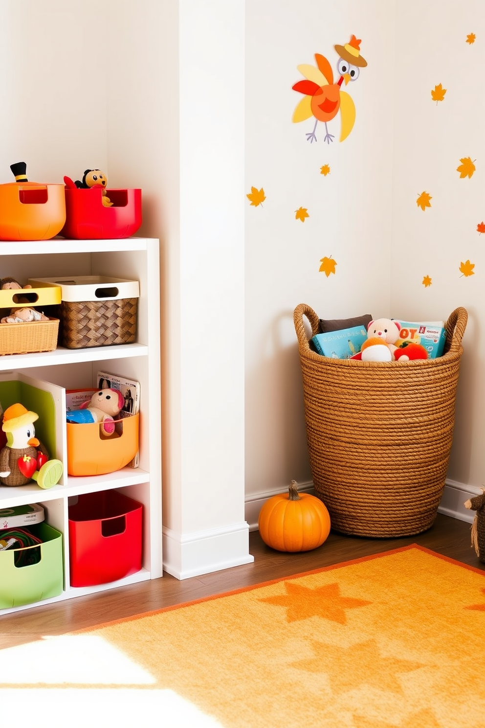 A cozy playroom designed for Thanksgiving features whimsical toy storage solutions that blend functionality with festive charm. Colorful bins shaped like pumpkins and turkeys line the shelves, while a large woven basket in the corner holds plush toys and games. The walls are adorned with playful autumn-themed decals, showcasing leaves and acorns. A warm, inviting rug in shades of orange and yellow anchors the space, making it perfect for family gatherings during the holiday season.