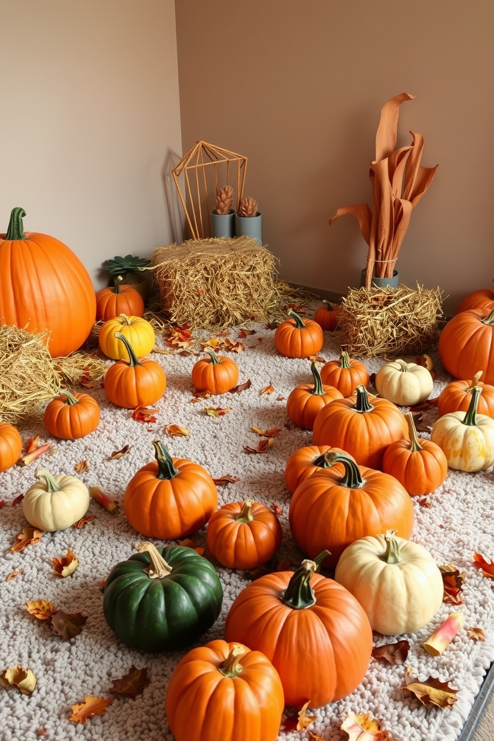 A cozy pumpkin patch sensory play area designed for Thanksgiving. The space features a variety of pumpkins in different sizes and colors scattered across a soft, textured rug, inviting children to explore and play. Incorporate sensory elements like dried corn, hay bales, and autumn leaves to create an immersive experience. Soft lighting and warm autumn colors enhance the inviting atmosphere of the playroom.