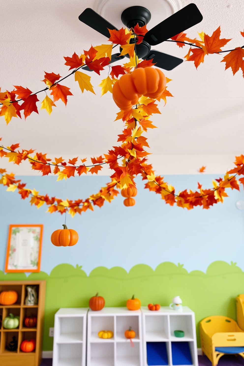 A playful playroom adorned with seasonal garlands hanging from the ceiling. The garlands feature vibrant autumn leaves and miniature pumpkins, creating a festive atmosphere for Thanksgiving.