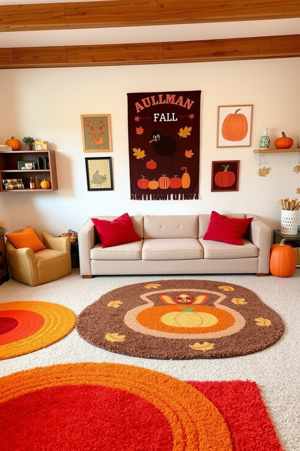 A cozy playroom filled with fall colored rugs that add warmth and comfort to the space. The rugs feature rich hues of orange, red, and yellow, creating a festive atmosphere perfect for Thanksgiving gatherings. Soft seating options in earthy tones are arranged around the rugs, inviting children to play and relax. Wall decorations showcase autumn themes, with playful artwork and seasonal accents enhancing the overall decor.