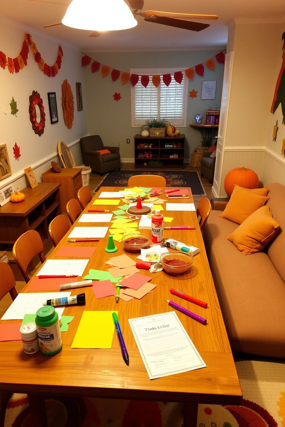 A cozy Thanksgiving crafts station is set up with a large wooden table covered in colorful paper, glue, and various craft supplies. The walls are adorned with autumn-themed decorations, and a warm, inviting atmosphere is created by soft lighting. The Thanksgiving playroom features playful decor with cheerful colors and themed elements like pumpkins and turkeys. Plush seating areas are arranged for comfort, and a festive rug adds a touch of warmth to the space.