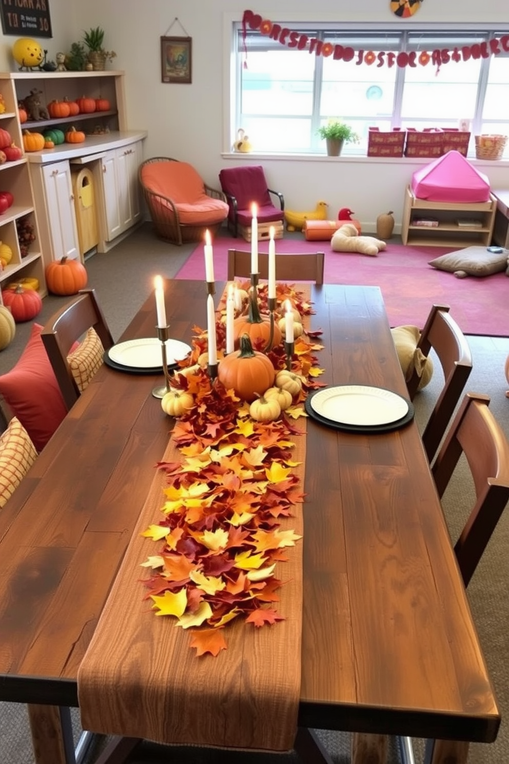 A harvest themed table is set for Thanksgiving activities featuring a rustic wooden table adorned with a vibrant table runner of autumn leaves. Centerpieces of pumpkins and gourds are surrounded by candles in varying heights, creating a warm and inviting atmosphere. The playroom is decorated with playful accents in warm autumn colors, including orange, yellow, and deep red. Cozy seating areas with plush cushions and blankets invite children to gather and enjoy seasonal crafts and games.