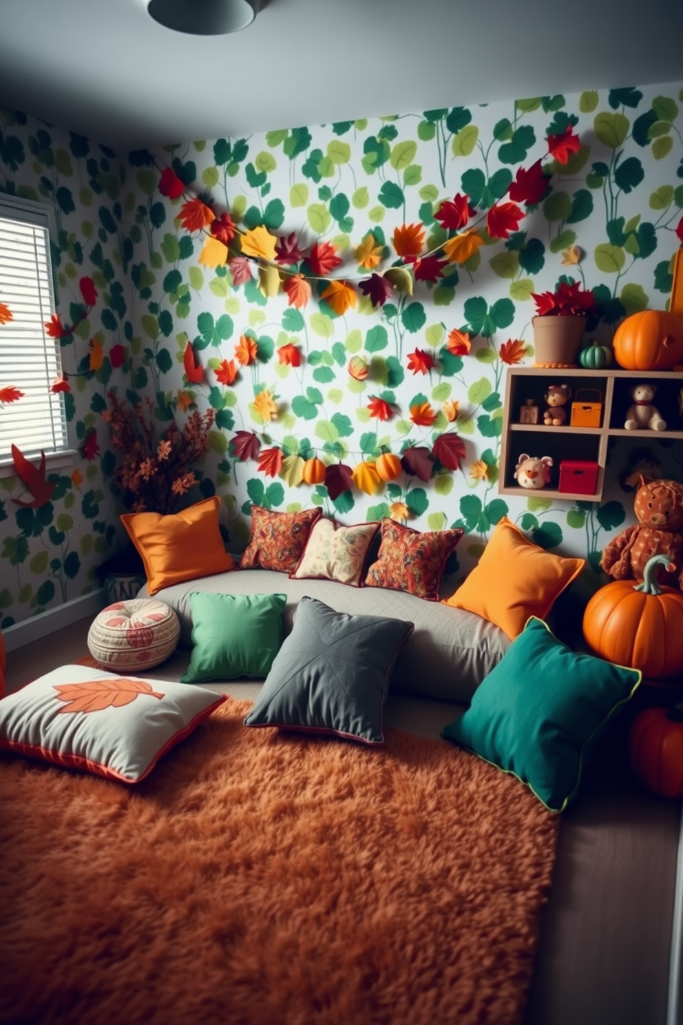 A cozy playroom filled with nature-inspired decorations featuring vibrant green leaves and warm autumn colors. The walls are adorned with leaf-patterned wallpaper, and playful cushions shaped like various leaves create a whimsical seating area. Thanksgiving-themed accents are scattered throughout the space, including a handmade garland of colorful leaves and pumpkins. A large, soft rug in earthy tones provides a comfortable area for kids to play and explore their creativity.