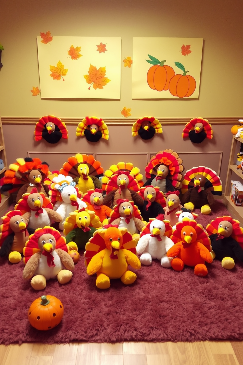 A whimsical playroom filled with colorful stuffed animals dressed as turkeys, creating a festive Thanksgiving atmosphere. Plush rugs cover the floor, and cheerful wall art features autumn leaves and pumpkins, enhancing the seasonal decor.