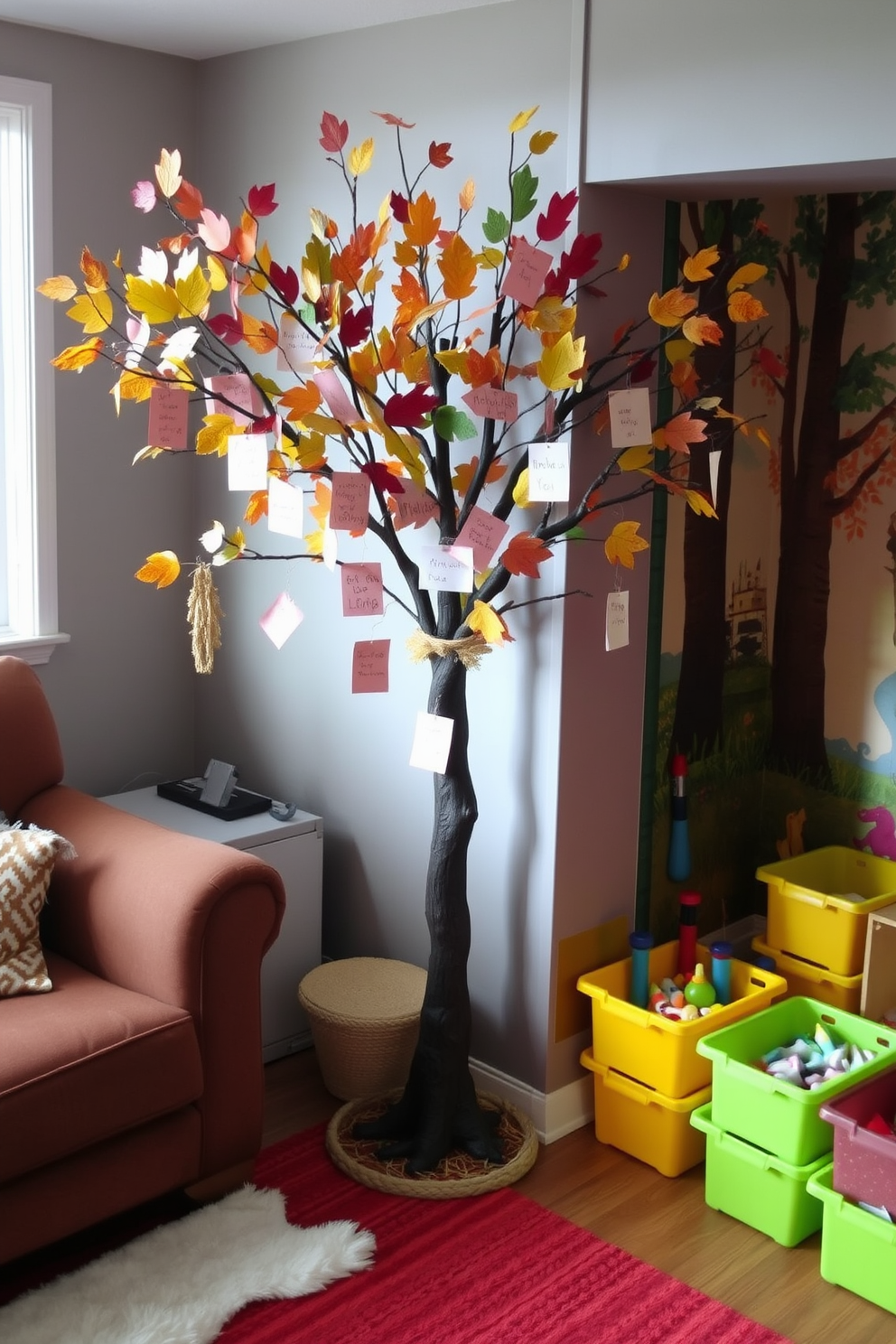 A thankful tree stands in the corner of a cozy living room, adorned with colorful leaves made from paper. Family messages and notes of gratitude hang from the branches, creating a warm and inviting atmosphere for Thanksgiving. The playroom is filled with vibrant colors and playful decor, featuring a large mural of a whimsical forest. Soft, plush rugs cover the floor, and a variety of toys are neatly organized in bright storage bins, encouraging creativity and fun.