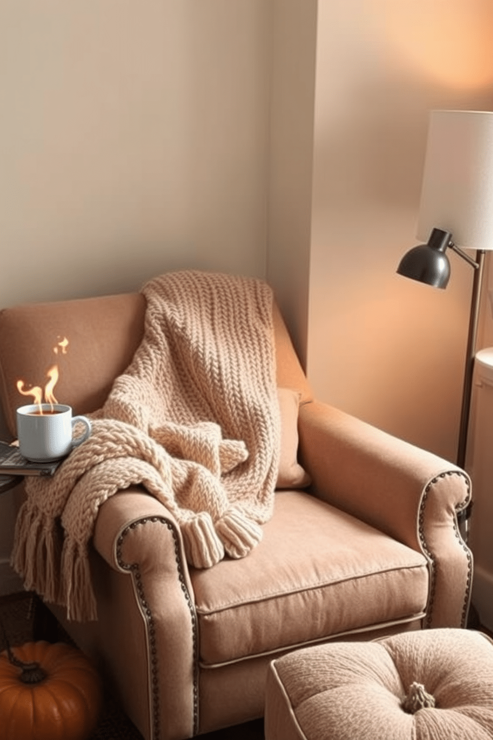 A cozy reading nook featuring a plush armchair upholstered in soft, warm fabric. A thick, knitted throw blanket is draped over one arm, inviting relaxation and comfort. The nook is adorned with a small side table holding a steaming cup of tea and a stack of favorite books. Soft, ambient lighting from a nearby lamp creates a warm and inviting atmosphere perfect for Thanksgiving.