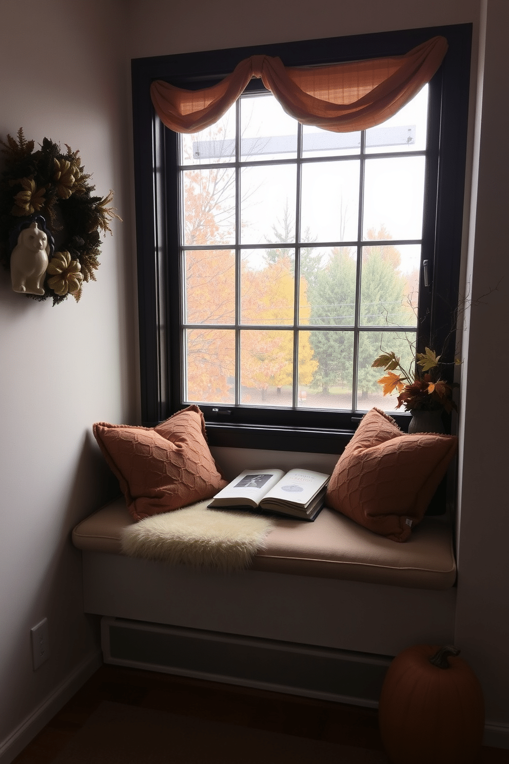 A cozy window seat adorned with plush cushions invites relaxation and comfort. The nook is decorated with autumn-themed accents, perfect for enjoying a good book during the Thanksgiving season.