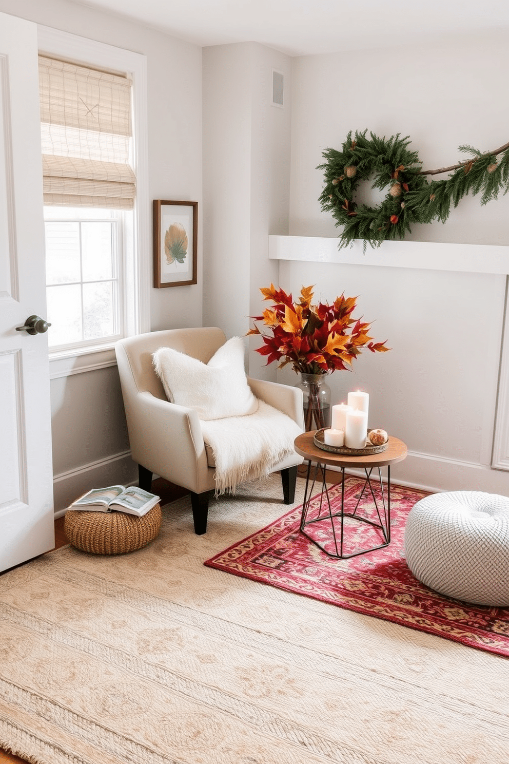 A cozy reading nook featuring layered rugs that add warmth and texture to the space. The nook is adorned with a plush armchair and a small side table for holding books and a warm drink. Soft, neutral tones dominate the decor, creating an inviting atmosphere perfect for Thanksgiving gatherings. A seasonal centerpiece with autumn leaves and candles enhances the cozy vibe while inviting relaxation.