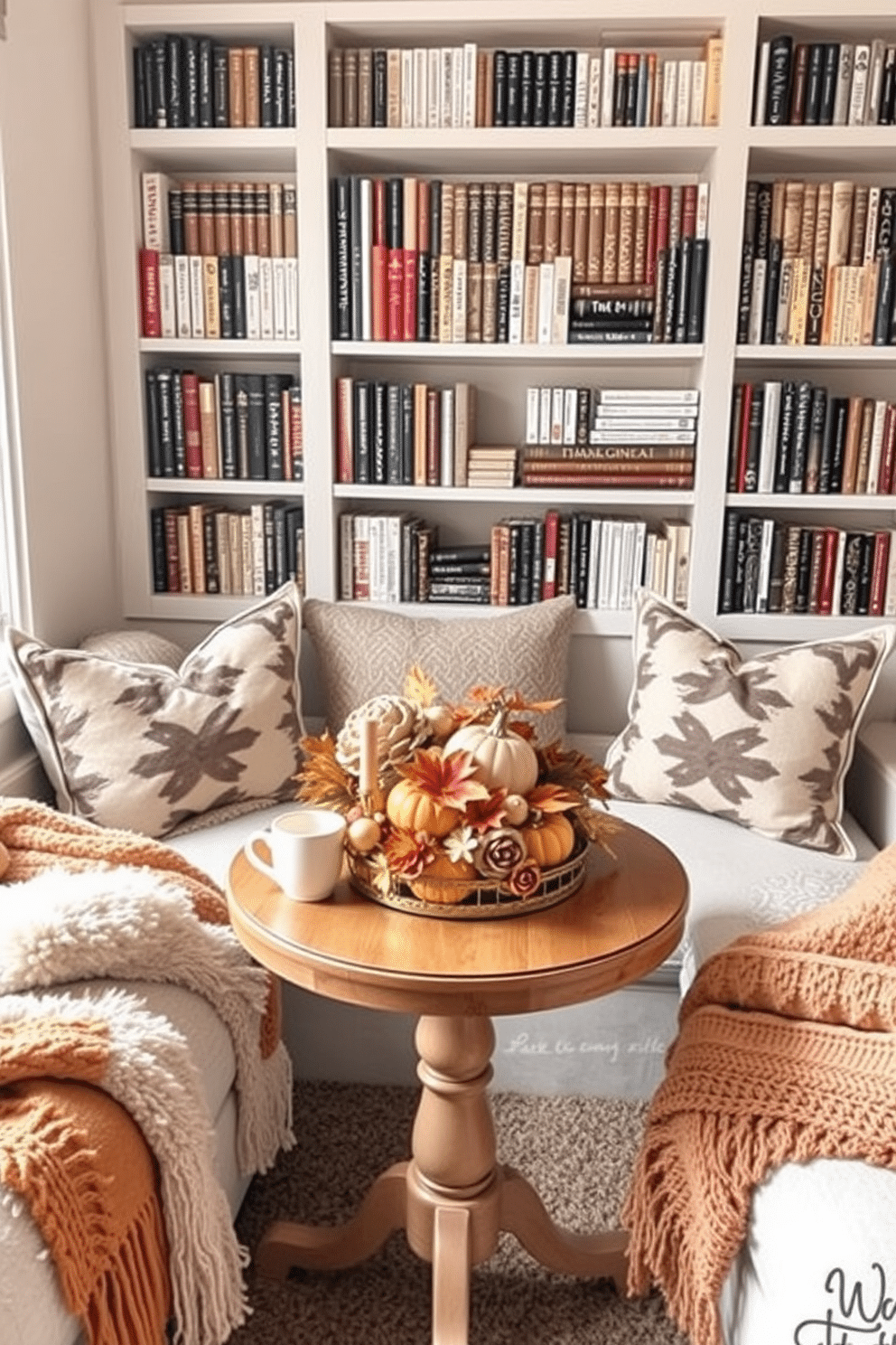 A cozy reading nook featuring a small table designed for hot beverages. The table is adorned with a festive Thanksgiving centerpiece, surrounded by plush seating and warm, inviting throw blankets.