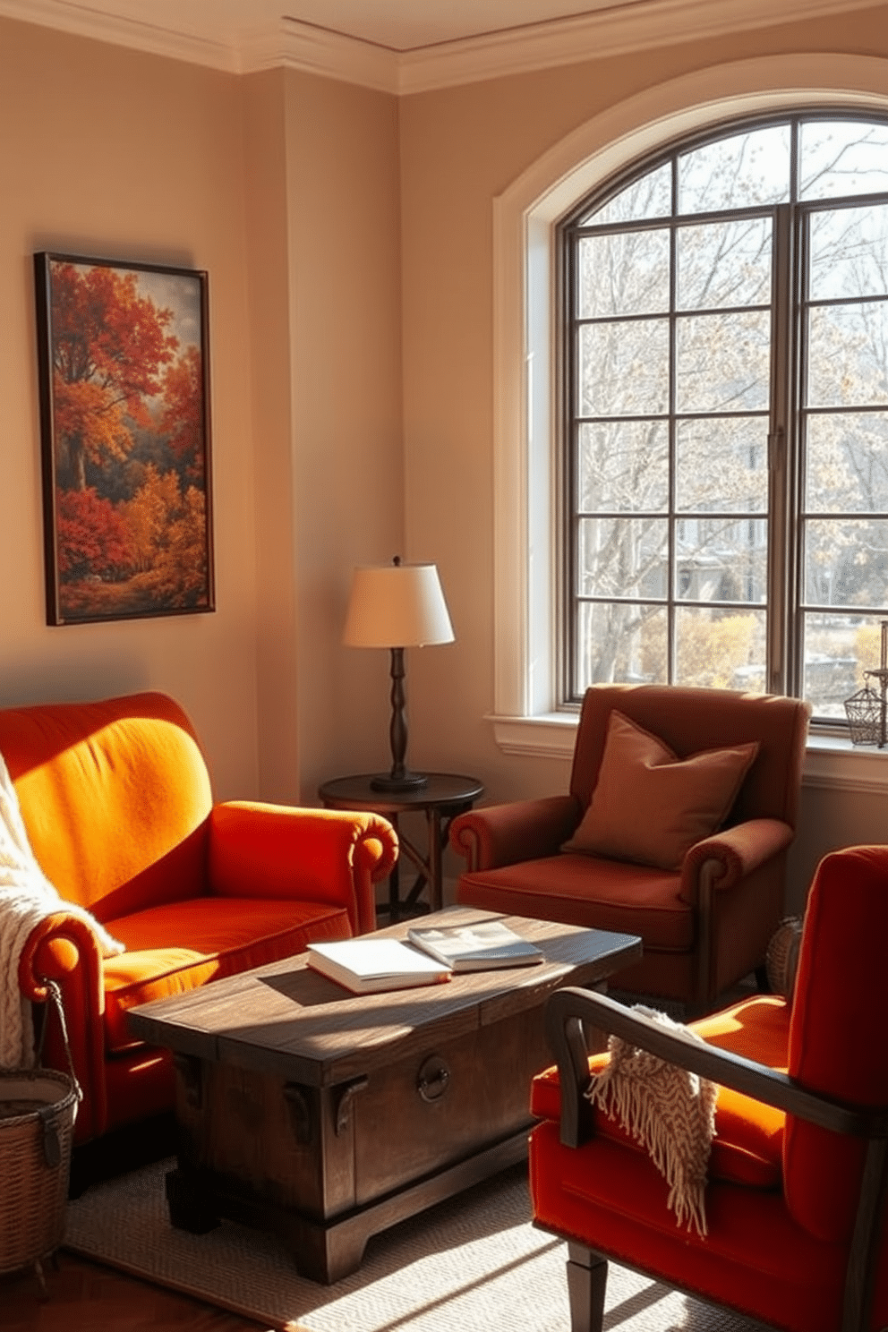 A cozy reading nook bathed in warm autumn light. Plush armchairs in rich orange and deep brown are positioned around a rustic wooden coffee table. On the walls, artwork featuring vibrant autumn landscapes adds a seasonal touch. A soft throw blanket drapes over one chair, inviting relaxation and comfort.