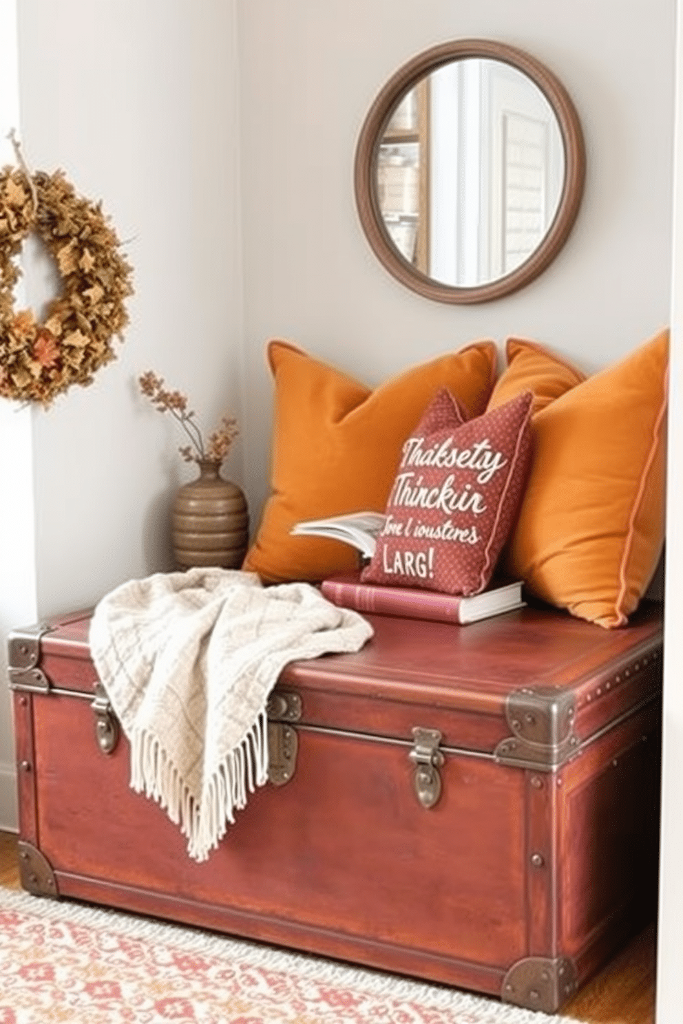 A cozy Thanksgiving reading nook featuring a vintage trunk as both a storage solution and a stylish accent piece. The nook is adorned with plush cushions in warm autumn colors, and a soft throw blanket drapes over the trunk, inviting relaxation and comfort.