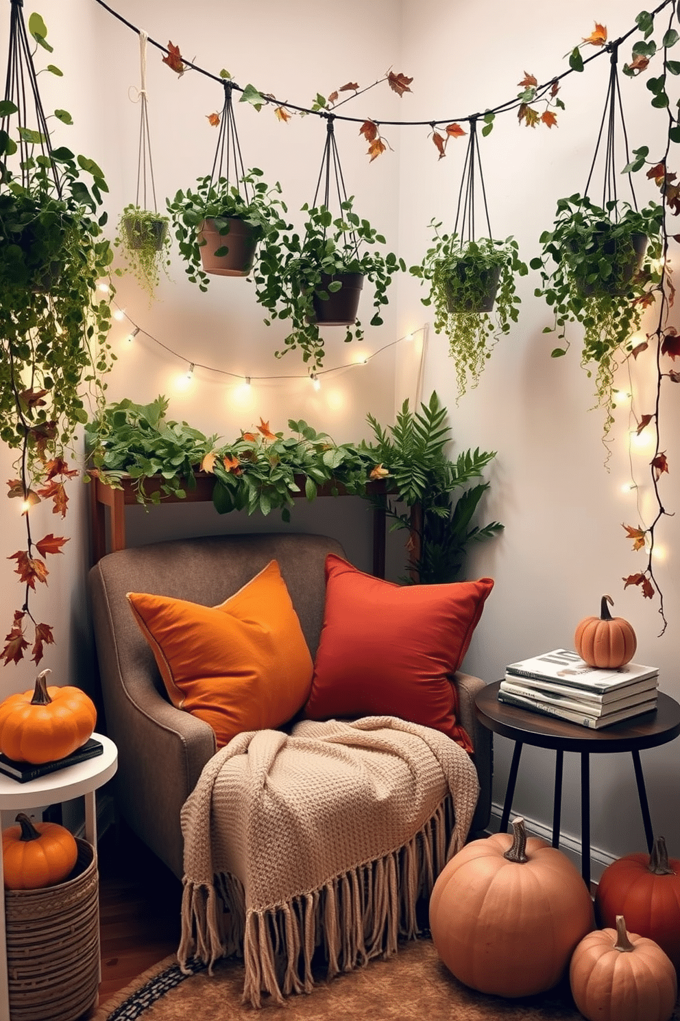 A cozy reading nook adorned with hanging plants creates a fresh and inviting atmosphere. The space features a comfortable armchair, a soft throw blanket, and a small side table with a stack of books. For a Thanksgiving theme, the nook is decorated with autumnal accents like pumpkins and warm-colored cushions. A garland of dried leaves and twinkling fairy lights adds a festive touch to the cozy corner.