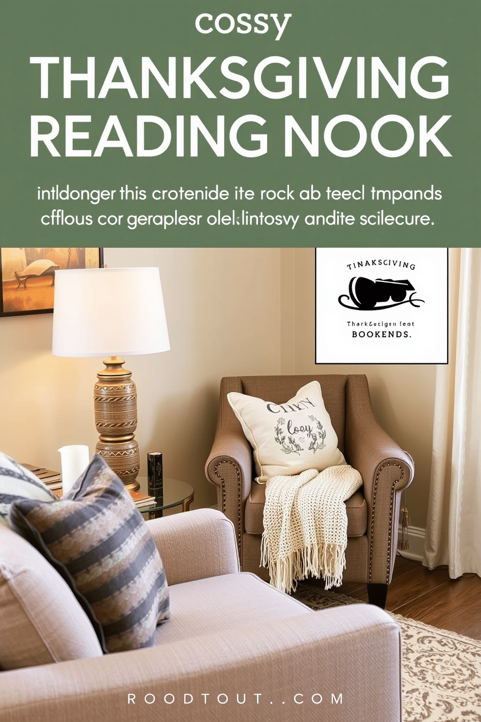 Create a cozy Thanksgiving reading nook featuring personalized bookends that reflect the character and warmth of the season. The nook should include a comfortable armchair with soft cushions, a small side table for drinks, and a warm throw blanket draped over the chair.