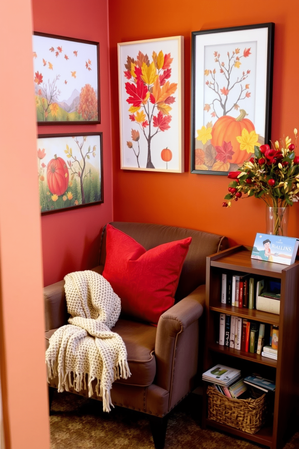 A cozy reading nook adorned with colorful autumn-themed wall art. The walls are painted in warm earth tones, and a plush armchair is nestled in the corner next to a small wooden side table. Soft throw pillows in rich reds and oranges add comfort to the chair, while a knitted blanket drapes over its arm. A small bookshelf filled with seasonal books sits nearby, inviting relaxation and festive cheer.