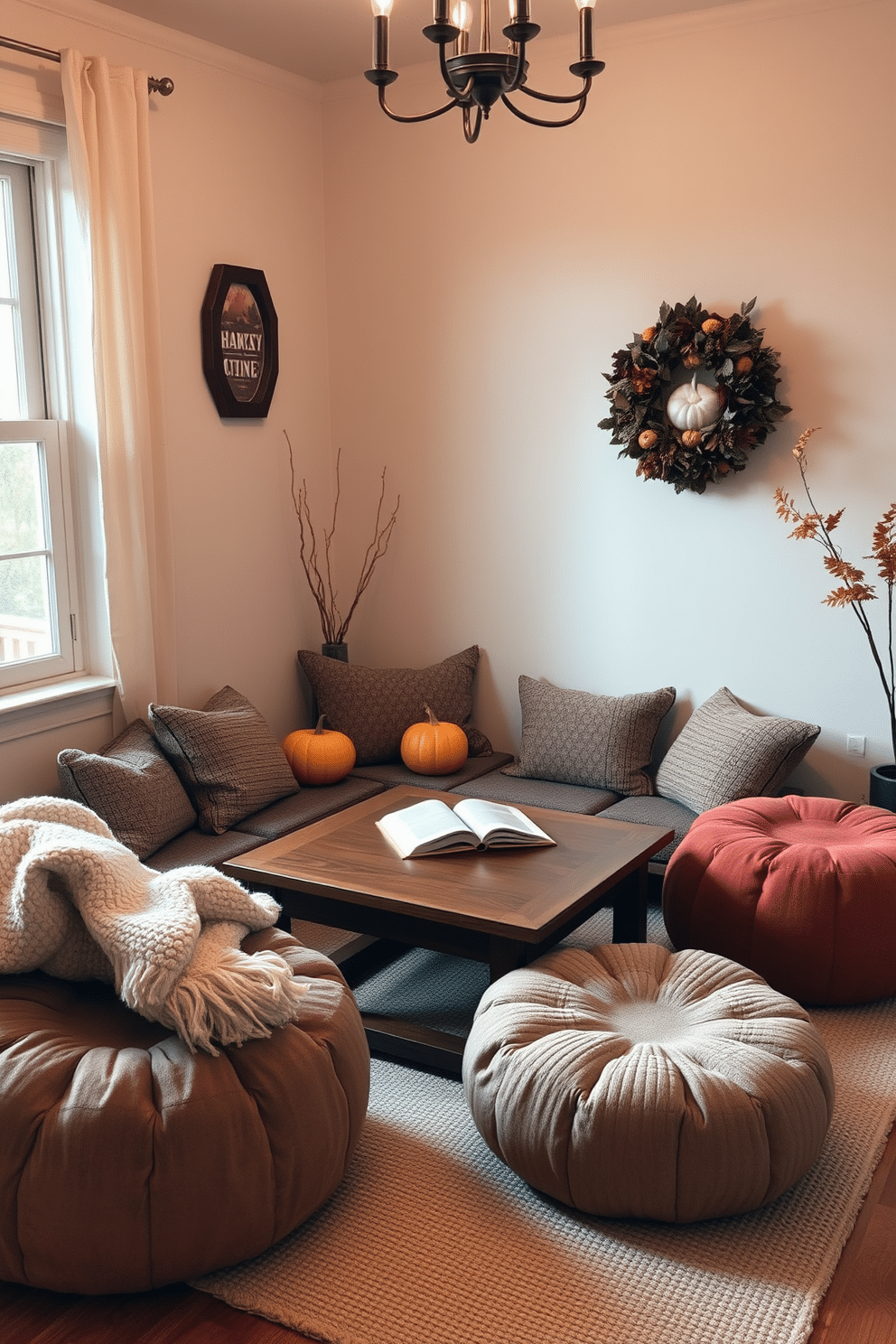 A cozy reading nook featuring comfortable poufs arranged around a low wooden coffee table. Soft, warm lighting creates an inviting atmosphere, while autumn-themed decor enhances the Thanksgiving spirit. The poufs are upholstered in rich, textured fabrics that add warmth to the space. A plush throw blanket is draped over one pouf, inviting you to settle in with a good book.