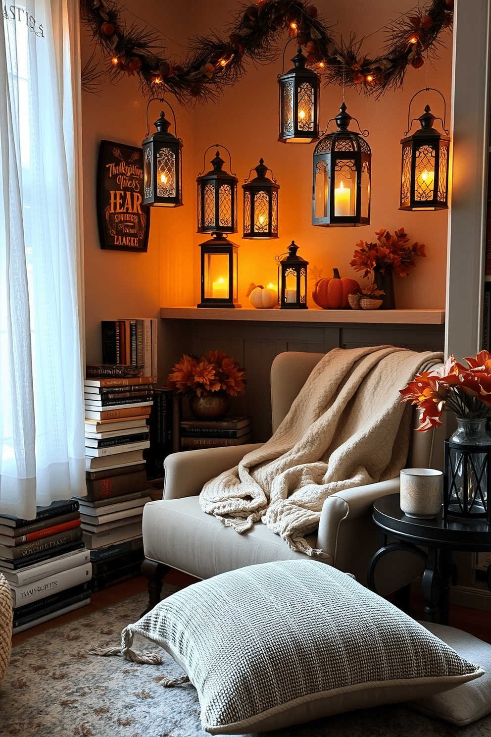 A cozy reading nook adorned with decorative lanterns casting a warm ambient light. The space features a plush armchair draped with a soft throw blanket, surrounded by stacks of books and a small side table for your favorite mug. Thanksgiving decorations bring a festive touch with autumn-themed accents and earthy tones. A comfortable cushion invites relaxation as you enjoy the seasonal atmosphere in this inviting nook.