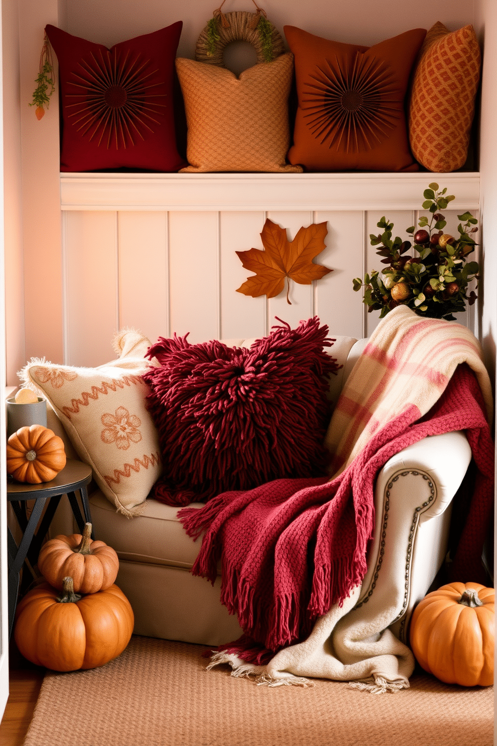 A cozy reading nook adorned with seasonal pillows in rich autumn colors. The space features a comfortable armchair draped with a soft throw blanket, surrounded by warm lighting and a small side table for books and beverages.