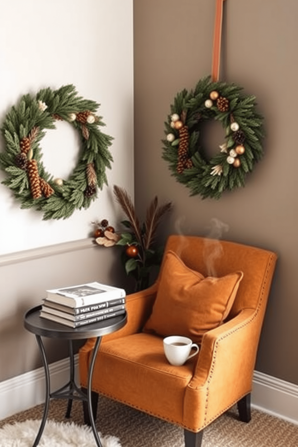 A cozy reading nook adorned with a seasonal wreath on the wall. The nook features a comfortable armchair upholstered in warm tones, paired with a small side table holding a stack of books and a steaming cup of tea.