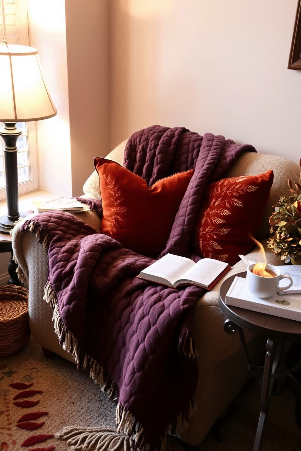 A cozy reading nook featuring a plush quilted throw draped over a comfortable armchair. Soft, ambient lighting from a nearby lamp creates a warm atmosphere, perfect for enjoying a good book during Thanksgiving. Decorative pillows in autumn hues complement the quilt, adding layers of texture and warmth. A small side table holds a steaming cup of tea and seasonal decor, enhancing the inviting feel of the space.