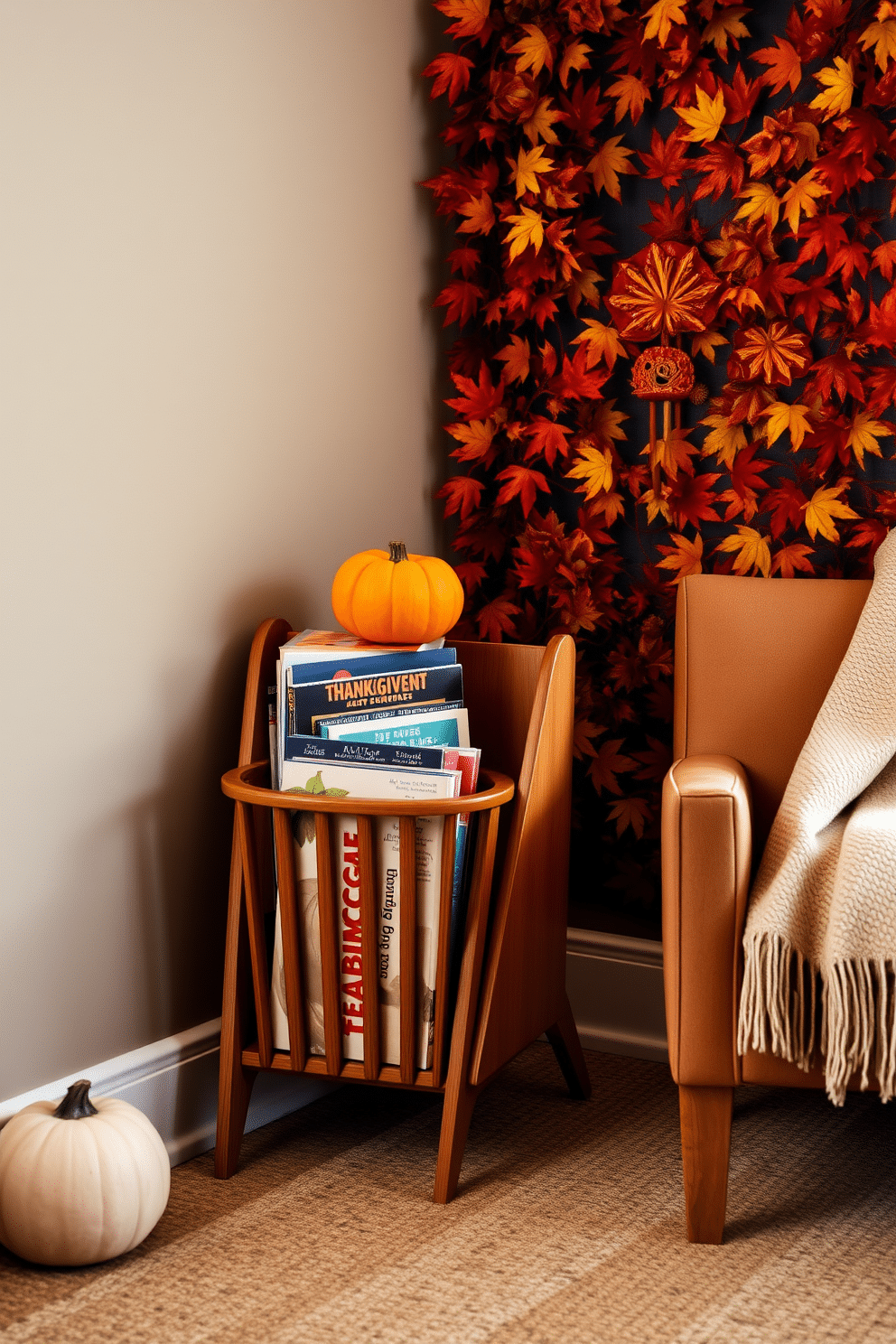 A stylish magazine rack stands elegantly in the corner of a cozy reading nook. It features a sleek wooden design with a warm finish, perfectly complementing the soft armchair and plush throw blanket nearby. The space is adorned with autumn-themed decorations for Thanksgiving. A small pumpkin sits atop the magazine rack, while a rich tapestry of fall colors fills the nook, inviting relaxation and enjoyment of a good book.