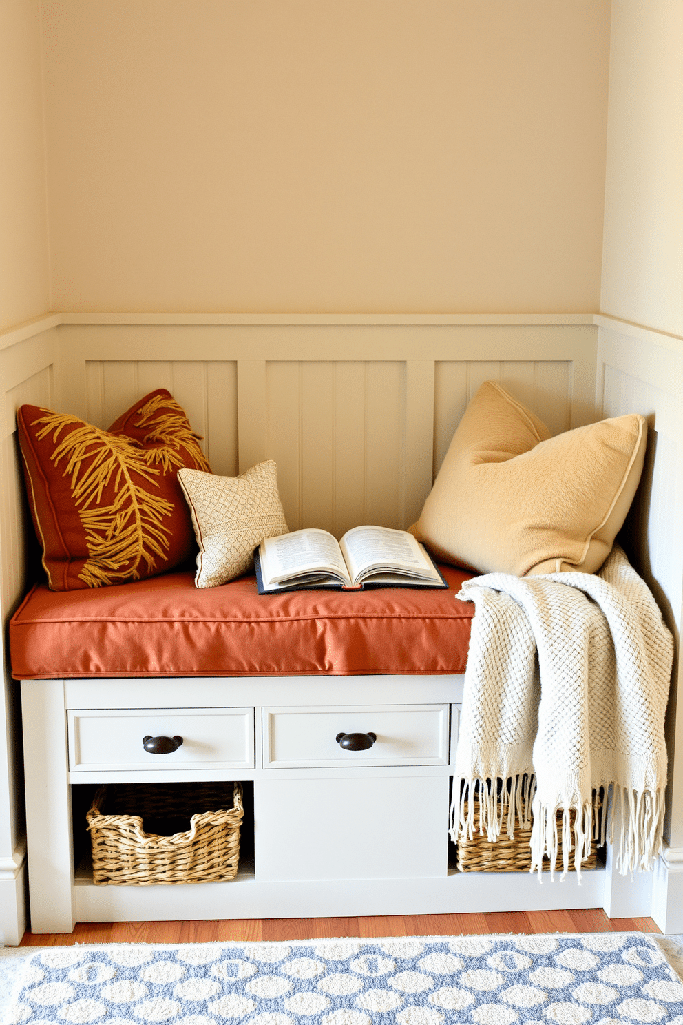 A cozy reading nook featuring a cushioned bench with ample storage underneath. The bench is adorned with plush pillows in warm autumn colors, and a soft throw blanket is draped over one side.