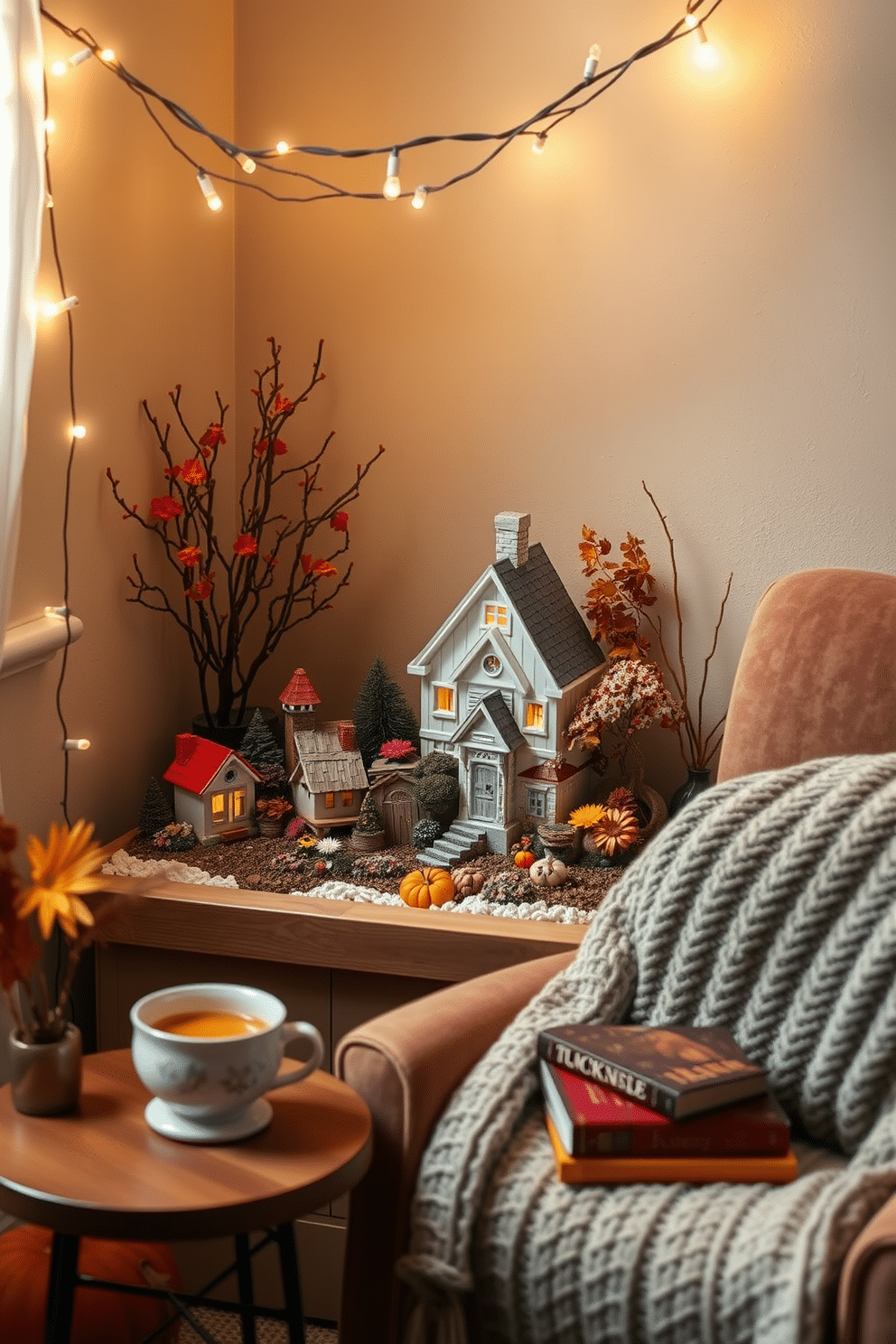 A charming fairy garden is set up in a cozy corner, adorned with miniature houses and vibrant flowers. Soft twinkling lights hang overhead, casting a warm glow over the whimsical scene. The Thanksgiving reading nook features a plush armchair draped with a knitted throw, inviting relaxation. A small side table holds a steaming cup of cider and a stack of seasonal books, creating the perfect atmosphere for enjoying the holiday spirit.