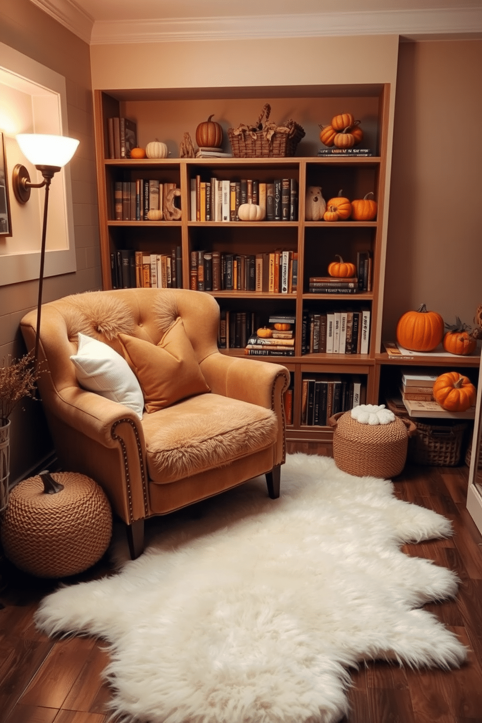 A cozy reading nook adorned with a soft sheepskin rug that invites relaxation and comfort. The space features a plush armchair in warm tones, surrounded by shelves filled with autumn-themed books and decorative pumpkins.