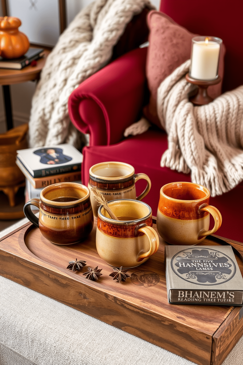 Artisan mugs for seasonal drinks. A cozy arrangement of handcrafted ceramic mugs in warm autumn colors sits on a rustic wooden tray, surrounded by sprigs of cinnamon and star anise. Thanksgiving reading nook decorating ideas. A plush armchair in rich burgundy is paired with a soft knitted throw, while a small side table holds a stack of seasonal books and a fragrant candle, creating an inviting atmosphere for relaxation.